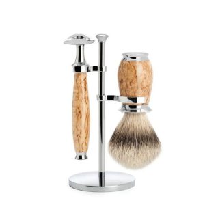 Бритвенный набор MUEHLE PURIST, каповая береза, барсучий ворс высшей категории Silvertip, Т-образная бритва