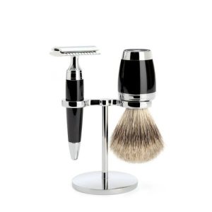 Бритвенный набор MUEHLE STYLO, черная смола, барсучий ворс категории Fine, Т-образная бритва